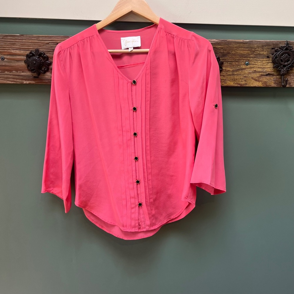 Yumi Kim Pink 100% Silk Pintuck Pleated V-Neck 3/4 Sleeve Blouse Top XS